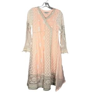 Maria B Girls Blush Pink Indian Anarkali Kurta Dress Silver Lace Size 12-14